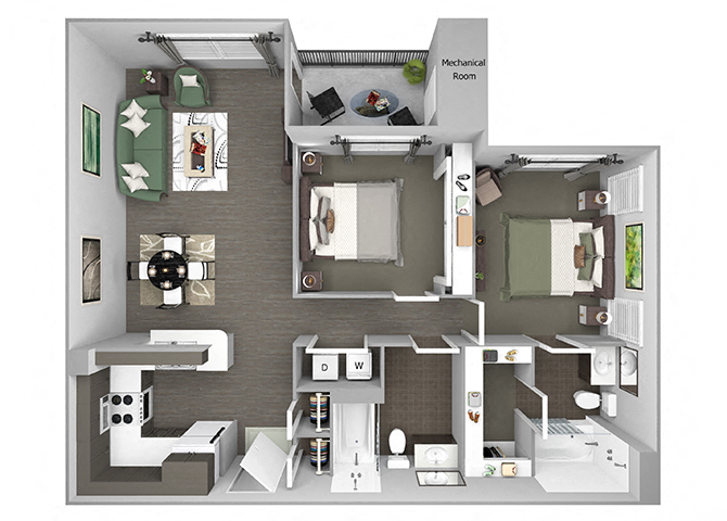 Floor plan for 2 beds, 2 baths, 1158 sqft